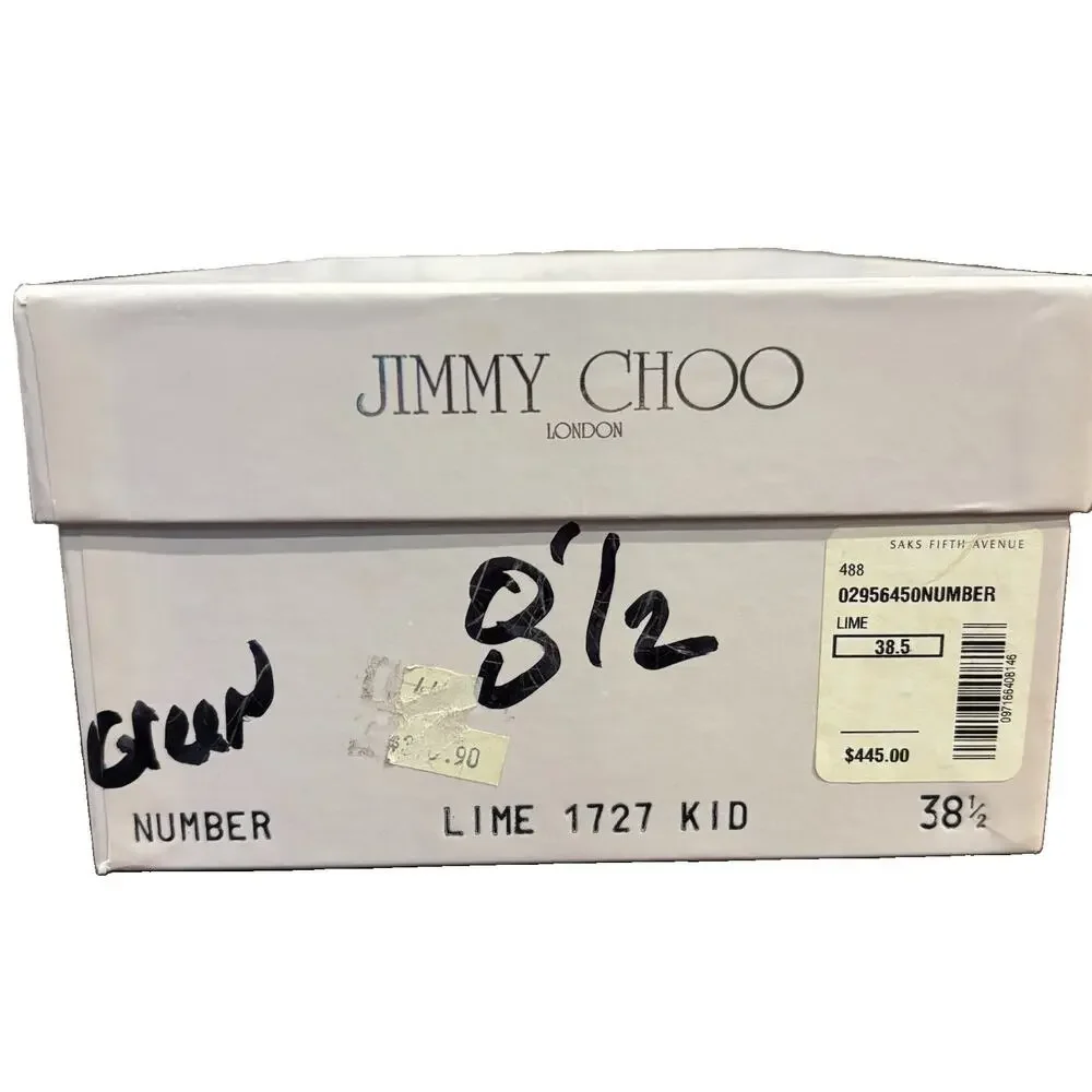 Vtg Jimmy Choo Lime Kid Leather Harness Detail Pointed Toe Kitten Heel 38.5 |8.5